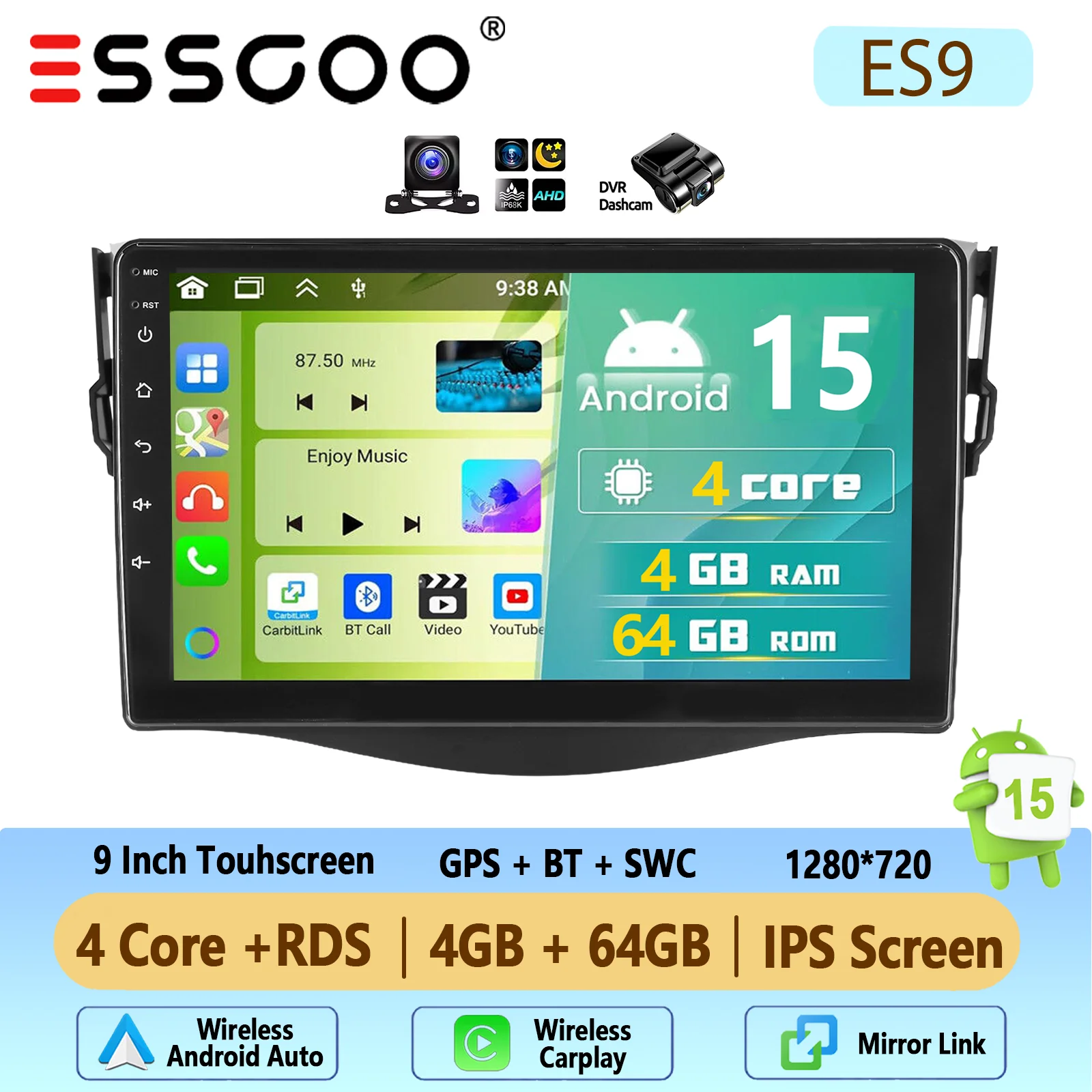 Autoradio ESSGOO Android 15 9 Inch 4+64G voor Toyota RAV4 2007-2012 Draadloze CarPlay Android Auto GPS Navigatie FM WiFi Bluetooth RDS Stuurwielbediening Mirror Link Touchscreen Hoofdeenheid