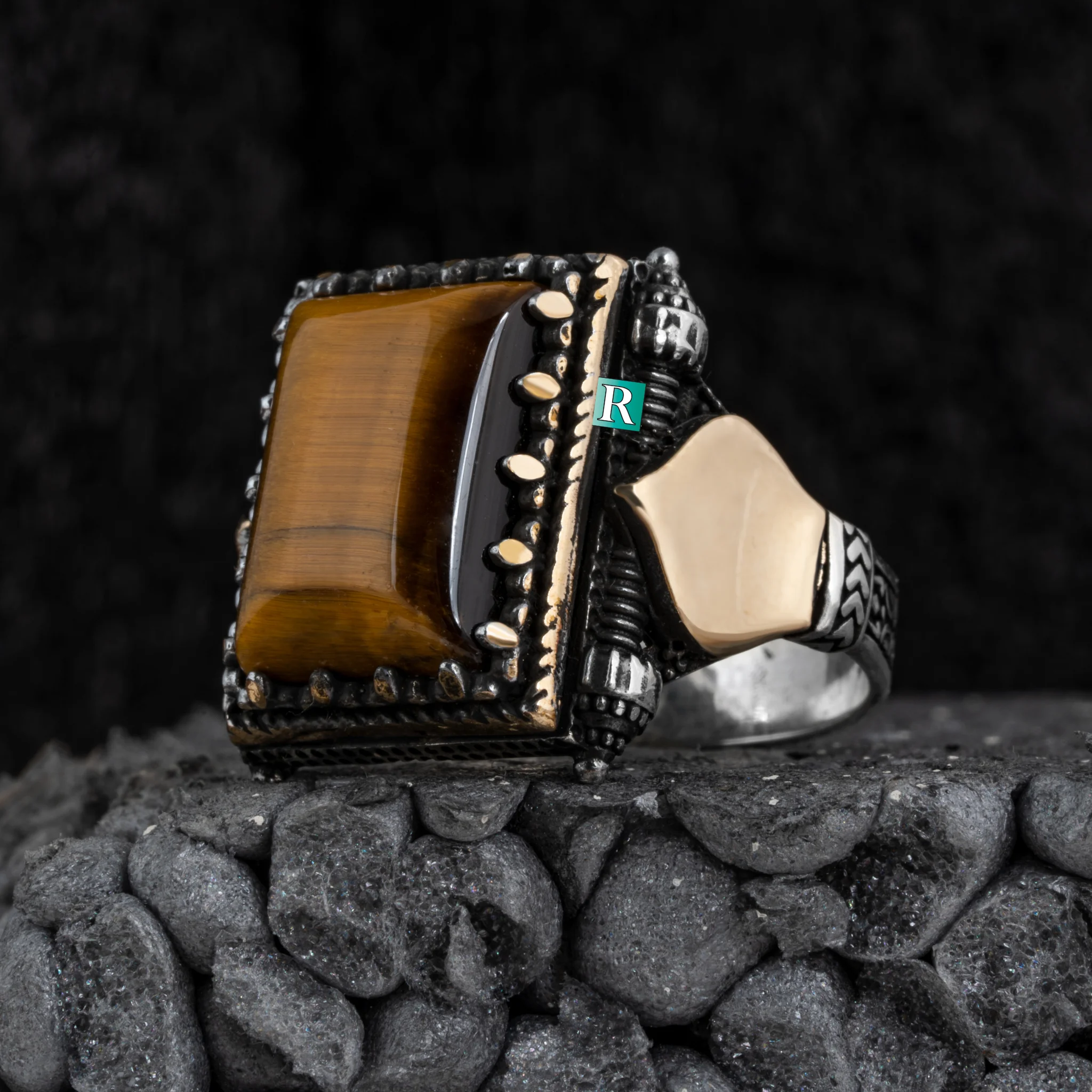 925 Sterling Silver Tiger Eye Onyx Agate T​urquoise Stone rectangle protruding high quality rings for men gift of jewelry