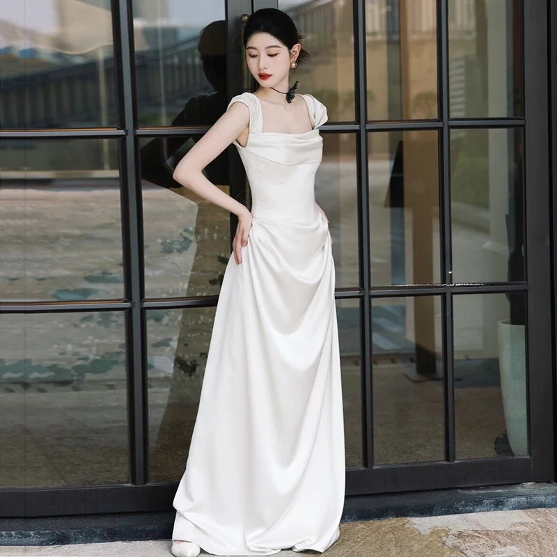 

X18 Bride's off-shoulder evening dress with train for reception and annual banquet