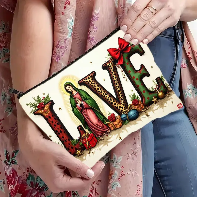 1Pc Religious Design, Our Lady of Guadalupe and Leopard Print Love Retro Design Multifunctional Travel Makeup Bag, Snack Storage Bag, Stationery Storage Bag, Fashionable Toiletry Bag, Canvas Double-Sided Printed Zipper Pouch