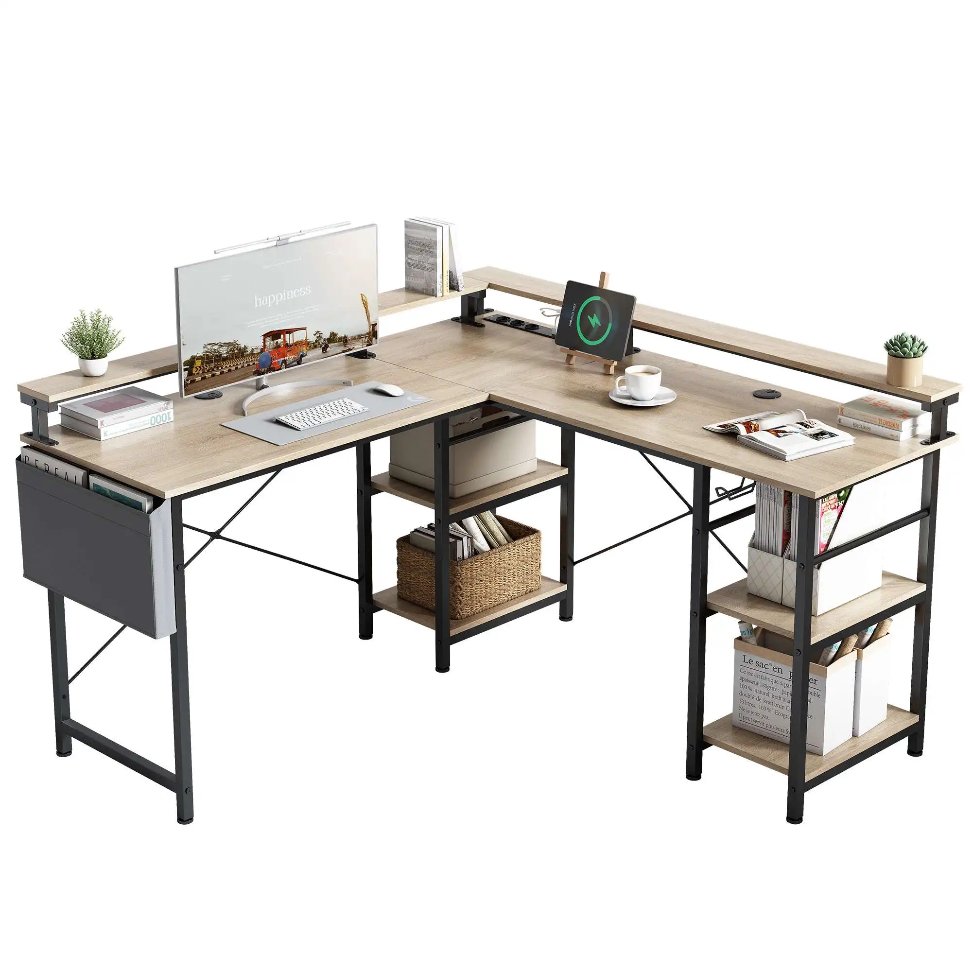 Escritorio para Computadora en Forma de L, con Tomas de Corriente y Tira de Luz LED, Altura Ajustable, Diseño Moderno y Elegante