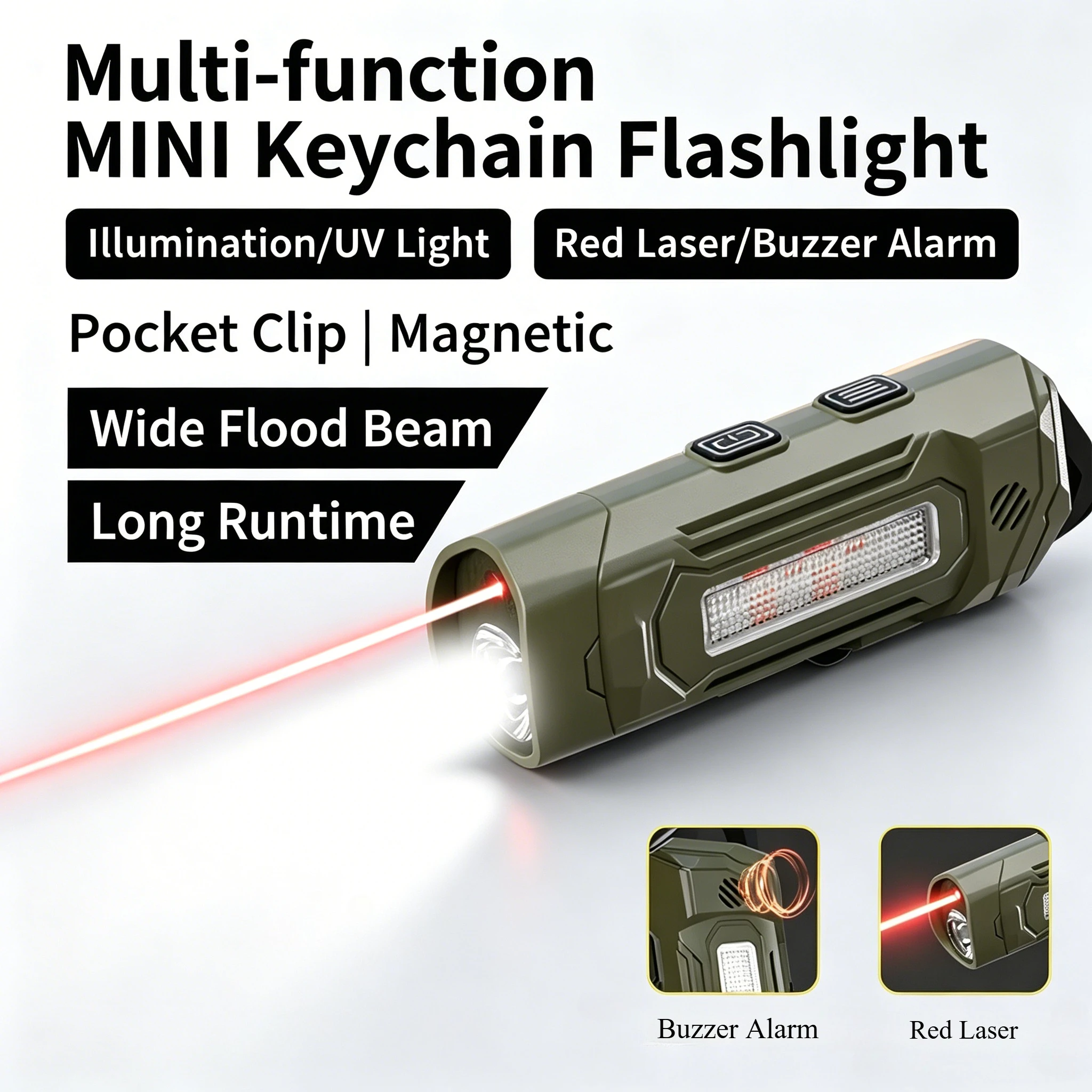 Rechargeable EDC Flashlight with Adjustable Magnetic Hook, UV & Side Light, Buzzer Alarm, Compact Pocket Torch