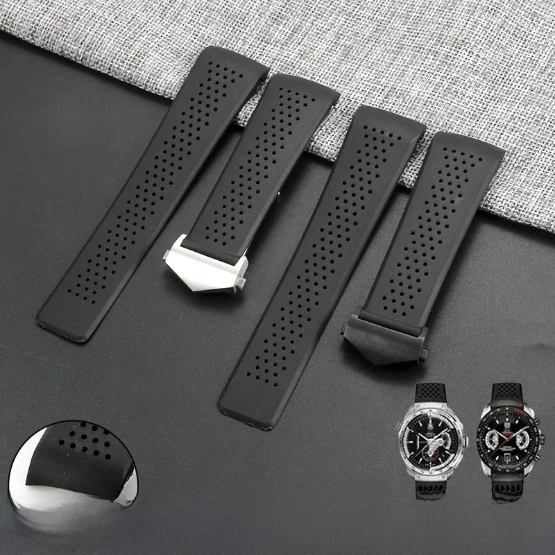 Pour TAG Heuer Carrera bracelet en Silicone noir profond verrouillage boucle pliante amortisseur bracelet de montre de sport 22 24mm