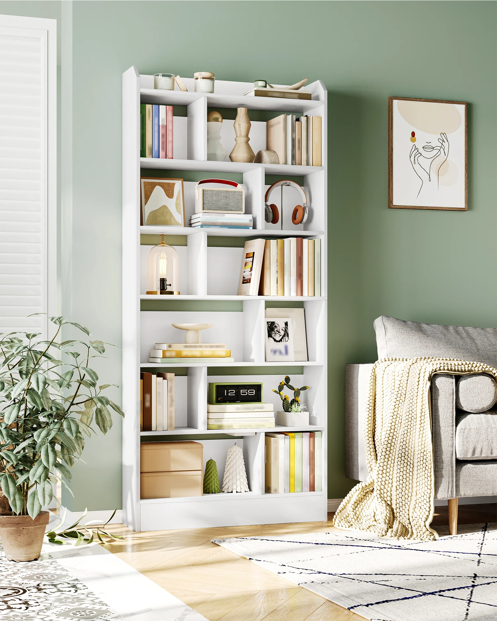 Bibliothèque blanche avec 7 compartiments, étagère de rangement, étagère sur pied pour salon, bureau, chambre à coucher