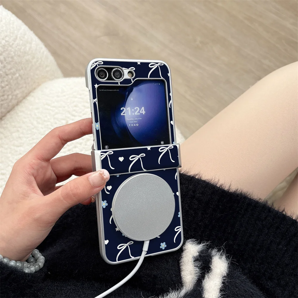 Navy Blue Bow Floral Star PU Leather Phone Case For Samsung Z Flip 8 7 6 5 4 Full Hinge Protection Anti‑Drop Folding Shockproof