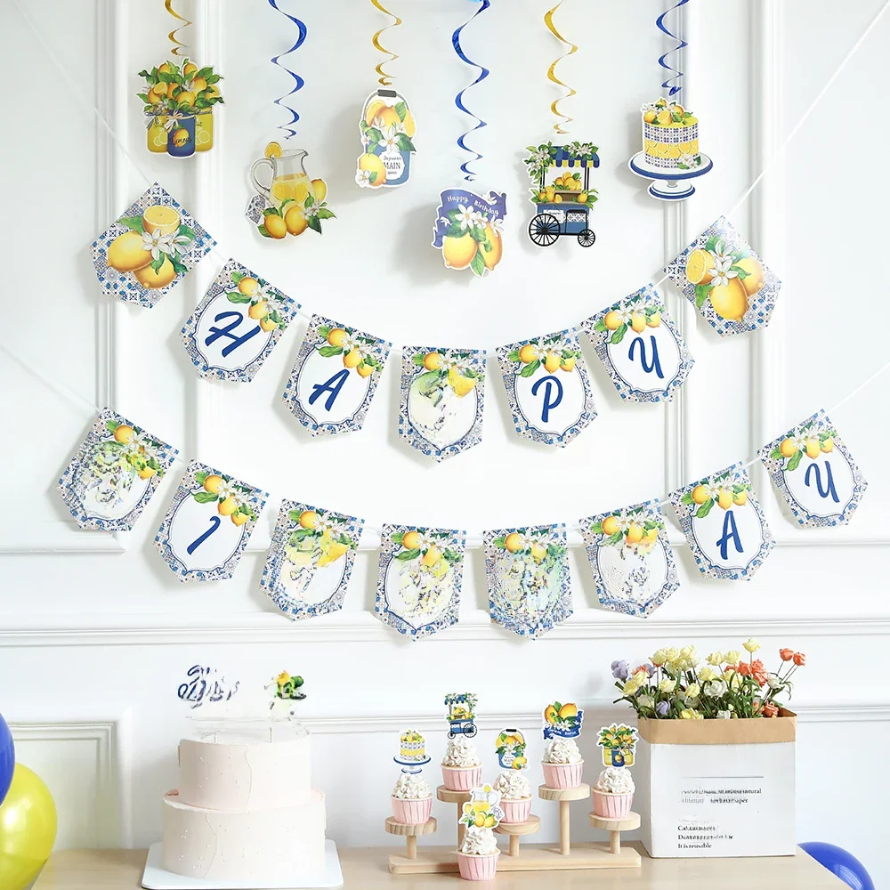 Bannière joyeux anniversaire, décoration de fête à thème citron jaune et bleu pour enfants, garniture de gâteau au citron d'été, fournitures de réception-cadeau pour bébé