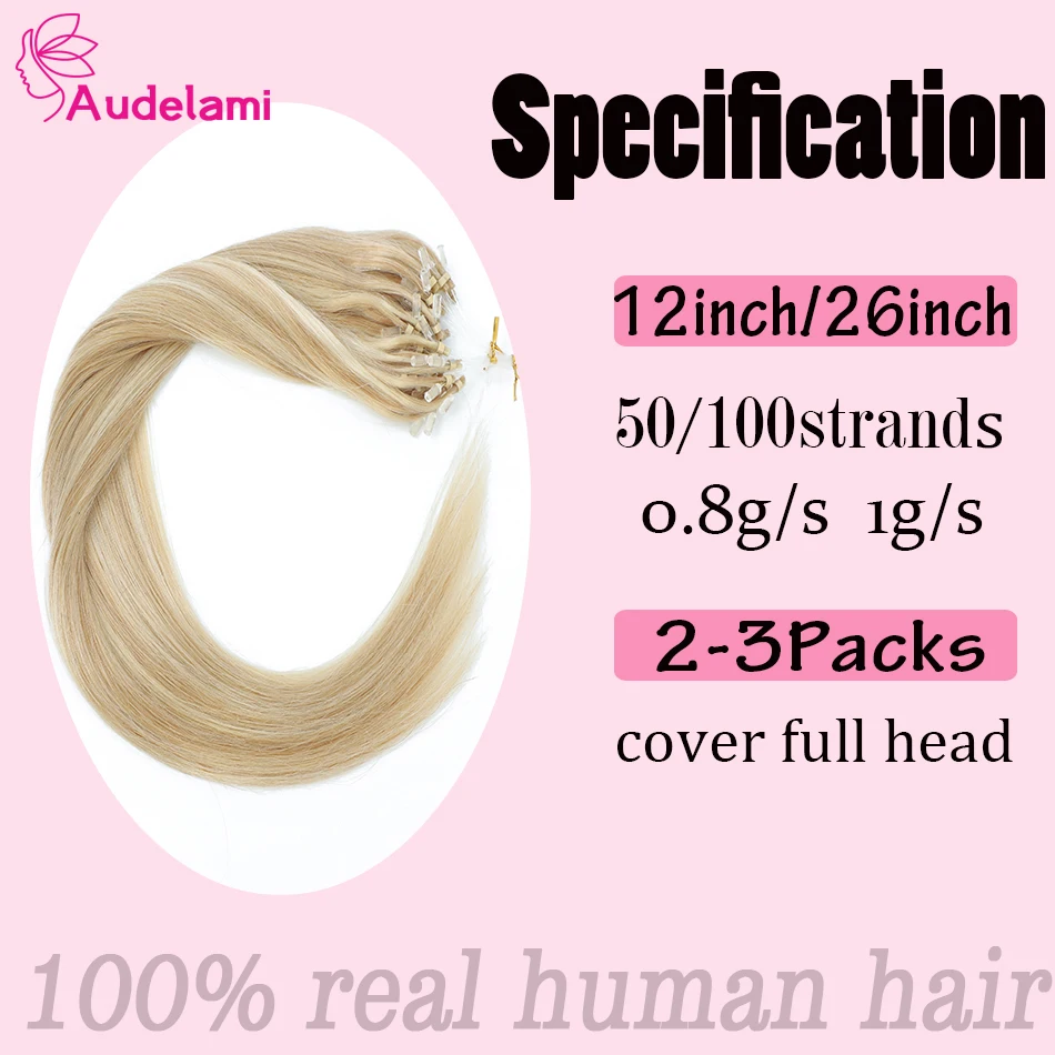 Audelami Micro Loop Hair Extensions Natural  Real Straight Human Hair Remy Hair Colorful For Women 0.8g/s 1g/s 12-26inches