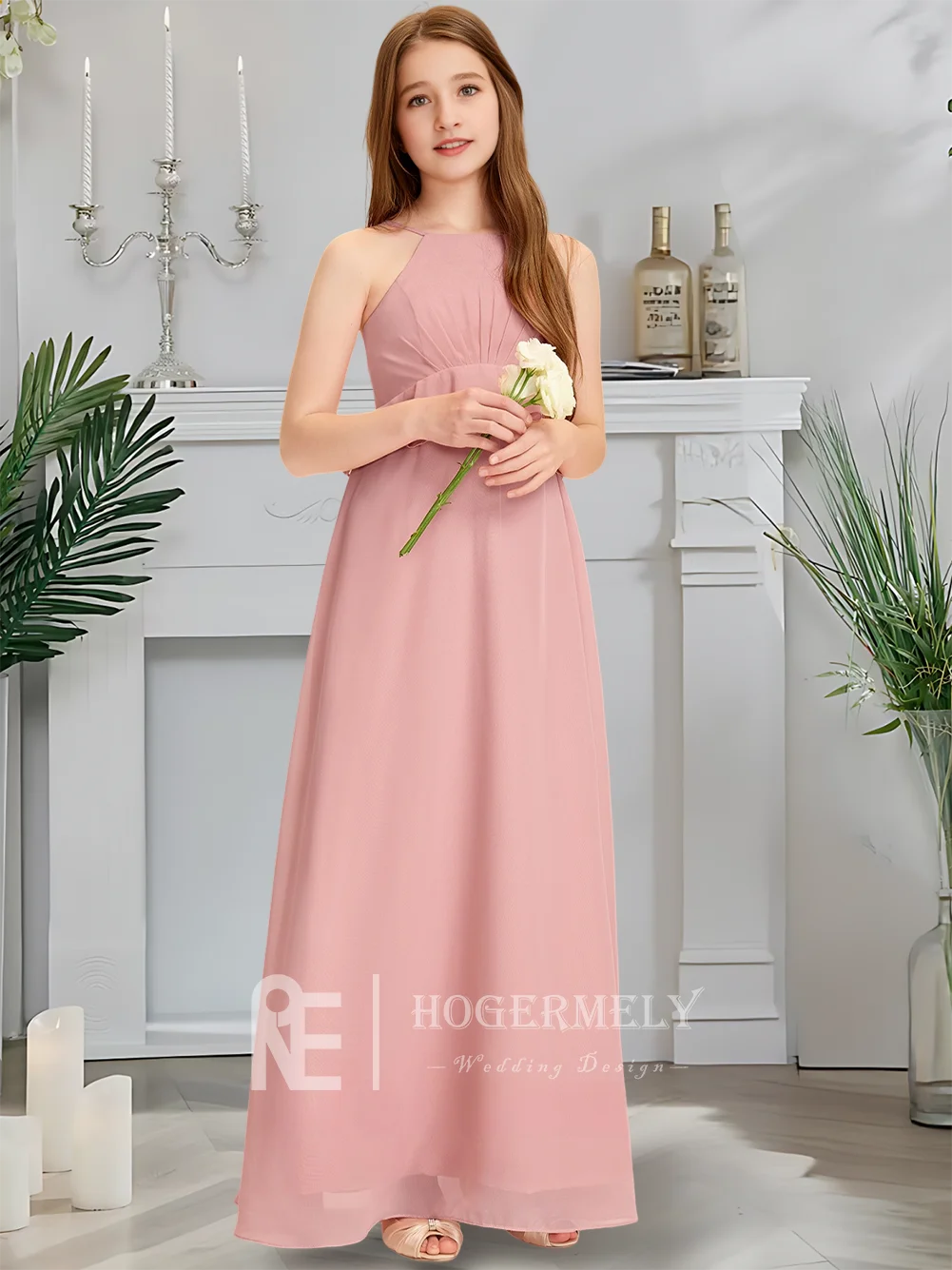 Gaun Pengiring Pengantin Junior Halter Mewah Gaun Gadis Bunga Kuarsa Mawar Sifon Panjang Lantai dengan Ruffles Bertingkat Pesta Pernikahan