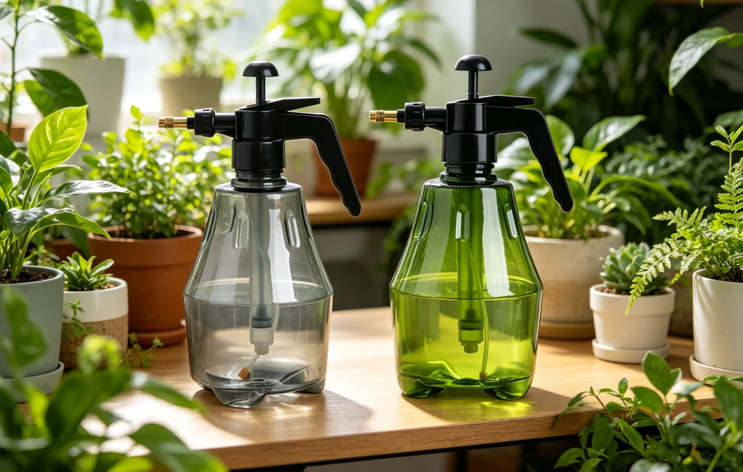 BLOOM-SET 2 Botella de plástico con pulverizador y mango de alivio de presión para regar plantas domésticas (1,5 L),GRIS/VERDE