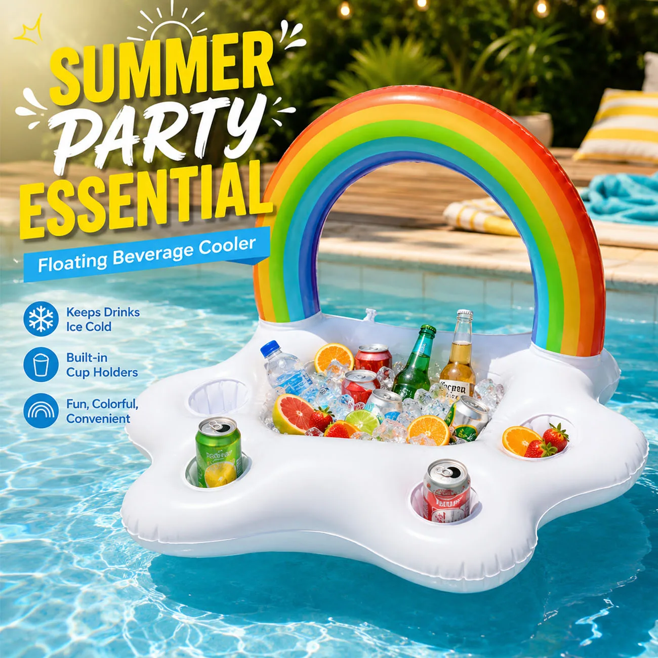 Inflatable Rainbow Cloud Drink Holder, Luxury Floating Bar Accessory for Pool Parties and Entertainment, Floating Drink Holder