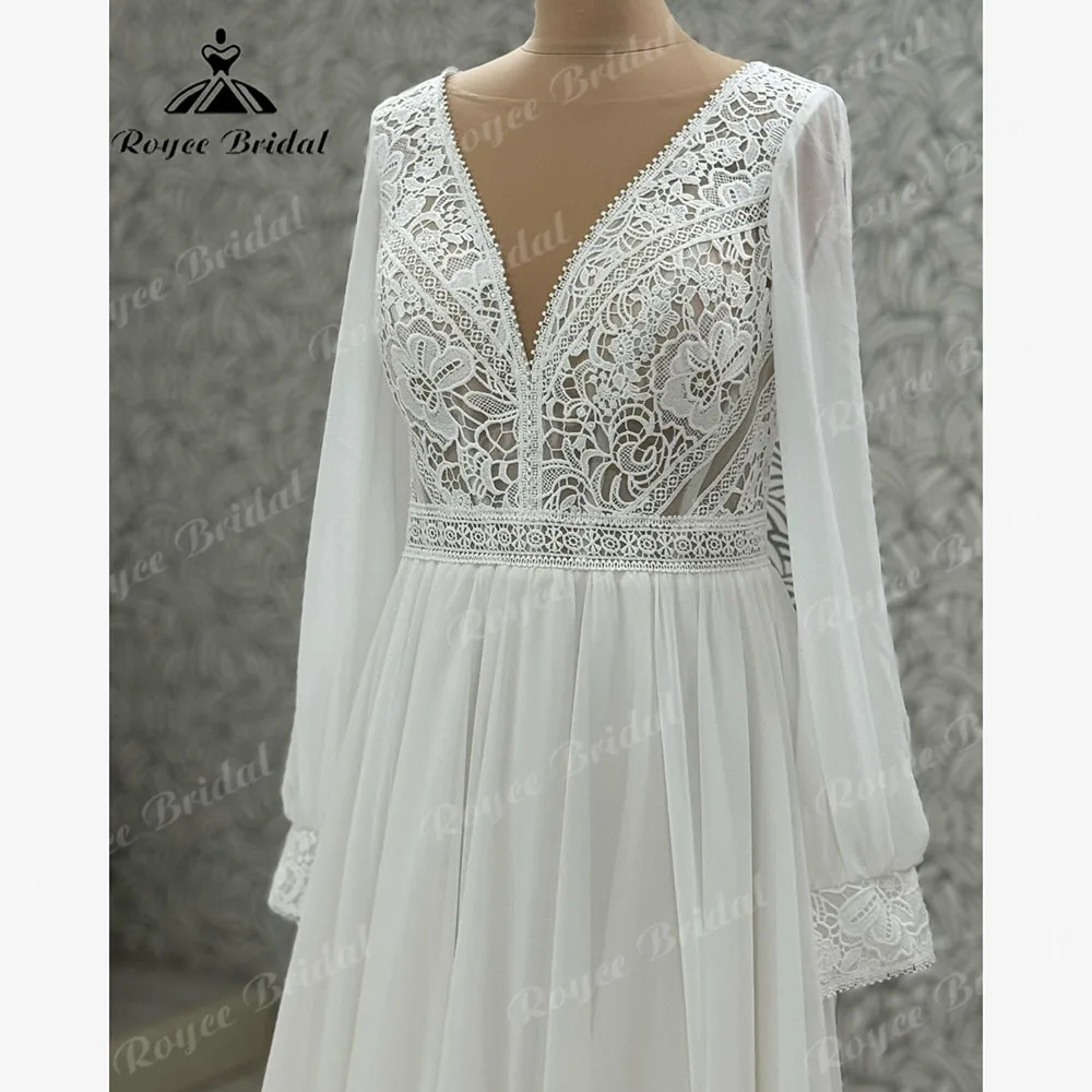 Elegante renda chiffon boêmio boho vestido de casamento com decote em v 2025 sem costas vestido de noiva personalizado trouwjurk abito da sposa