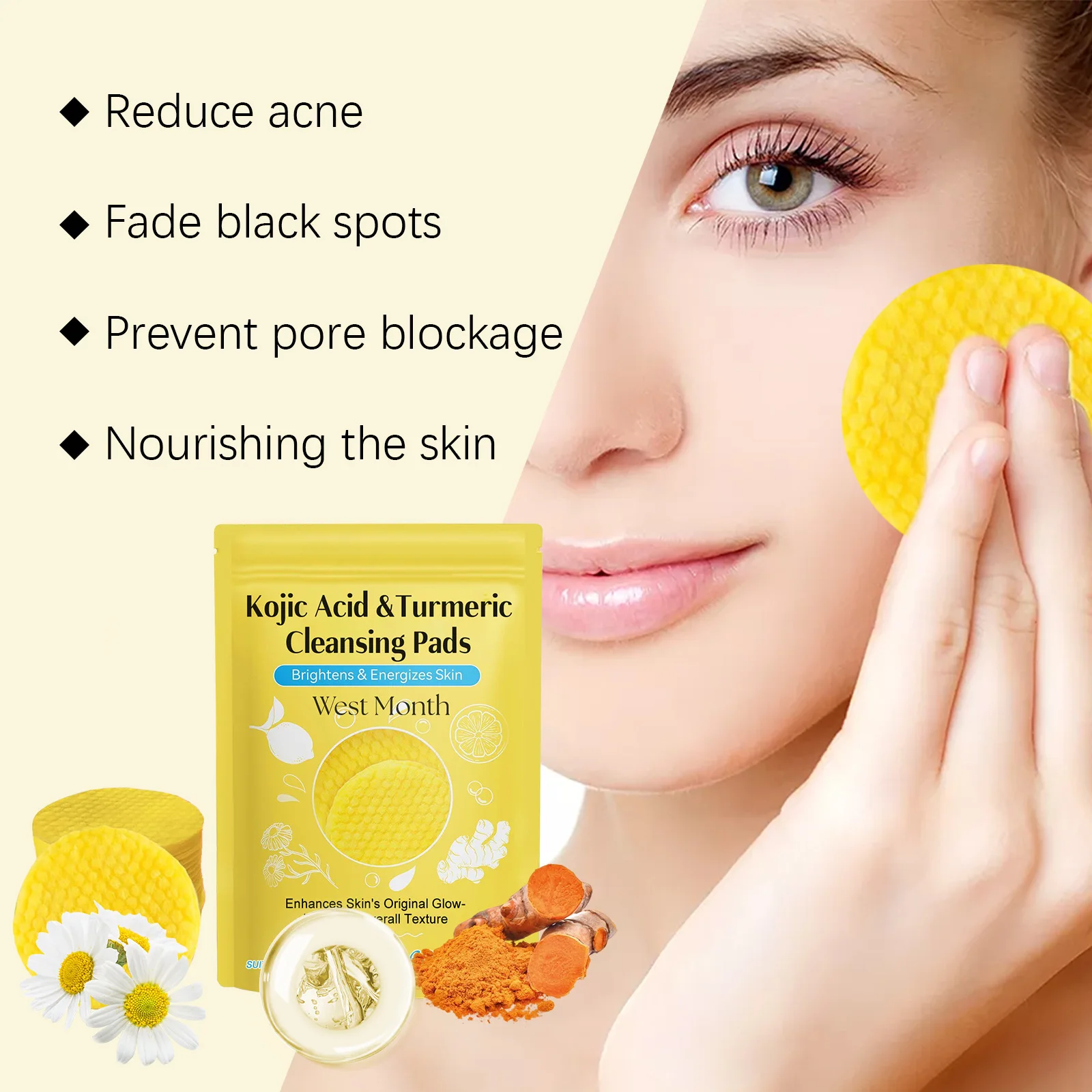 West&Month 60pcs Kojic Acid Turmeric Exfoliating Cleansing Pads Glow Facial Wash Remove Dead Skin Acne Melanin Hydrate Face Pads