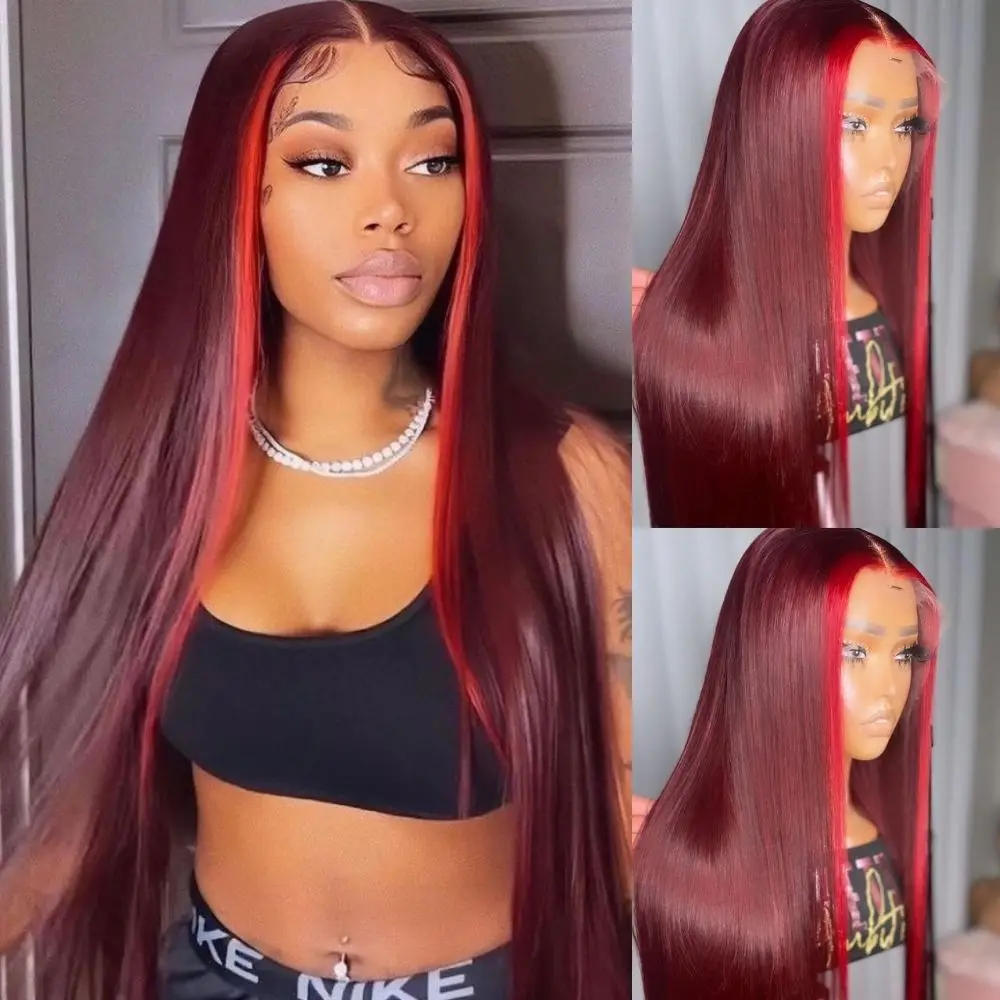 Wig renda depan 13x6 Hd 99j Burgundy lurus 13x4 Wig rambut manusia renda depan 30 36 inci Wig rambut Brasil berwarna untuk wanita