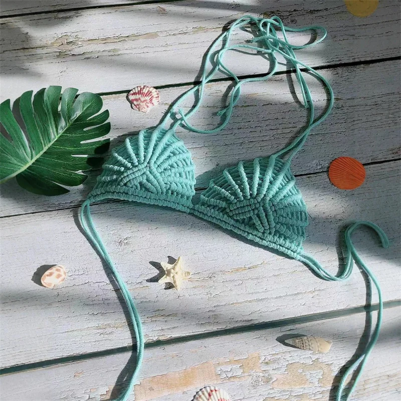 

Женский сексуальный вязаный топ-халтер, майка-камизоль, пляжный укороченный топ в стиле бохо, вязаный крючком, накидка для бикини, женская пляжная одежда