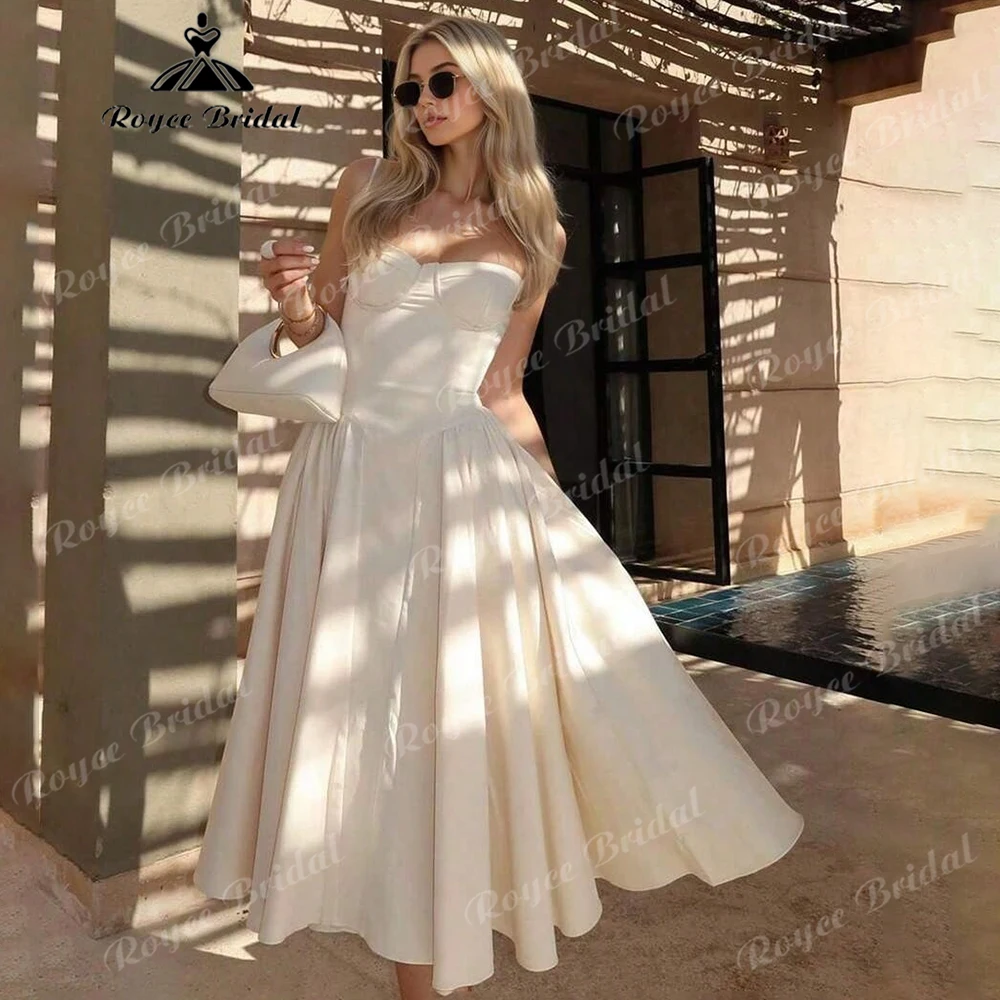 2026 Tea Length Satin Wedding Dress Sweetheart Spaghetti Strap A-Line Civil Elopement Bridal Gown Customized