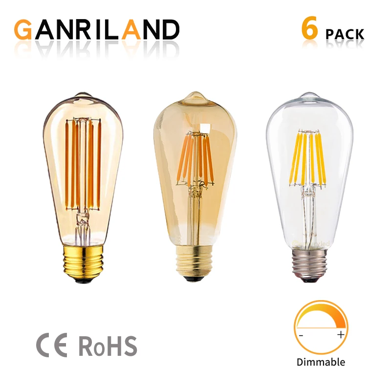 E27 220V Vintage LED Bulbs Lamp ST64 6W Gold Tint 2200K Chandelier Night Lamp Vintage LED Filament Light Bulb Dimmable for house