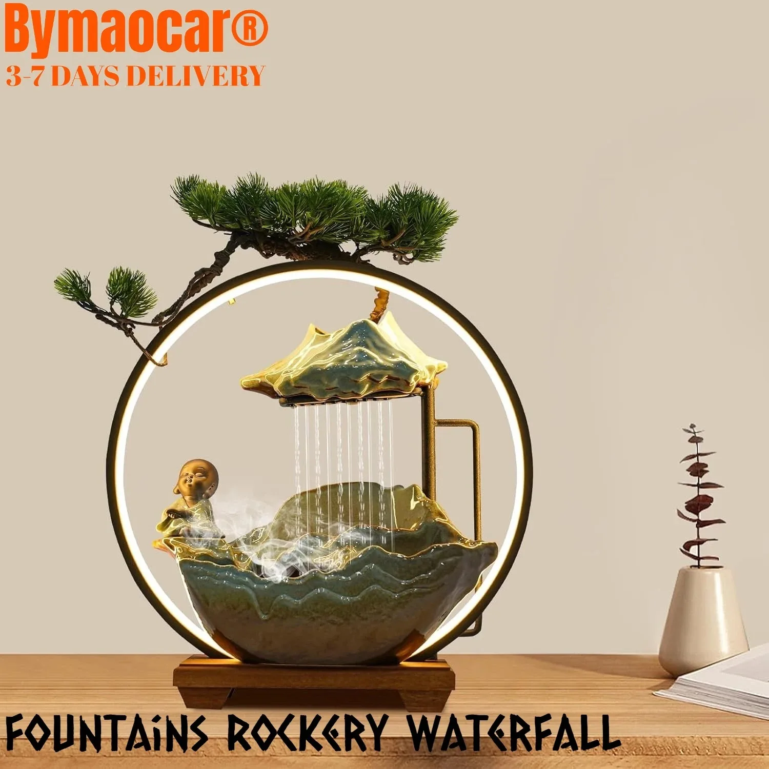 

Tabletop Water Fountains,Indoor Waterfall with LED Light and Atomizer,Zen Decor Meditation Desk Fountain for Feng Shui