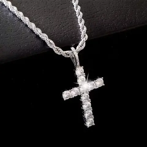 Iced Out Kristall Zirkon Kreuz Anhänger Halskette versilbert gedrehte Kette Halsketten für Männer Frauen, mit einem kostenlosen Geschenk