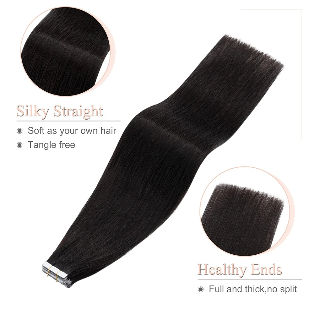 Tape In Extensions Human Hair 26 Inches Black Tape In Hair Tape In Remy Seamless Skin Weft Invisible Double Sided Tape 20Pcs 50G