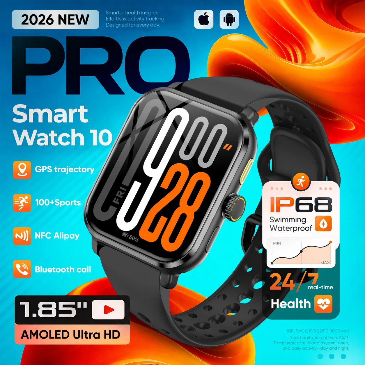 2026 New Smart Watch 10 Pro Series 1.85"AMOLED GPS tracker Compass Altimeter IP68 Waterproof Bluetooth Call Sport Smartwatch iOS