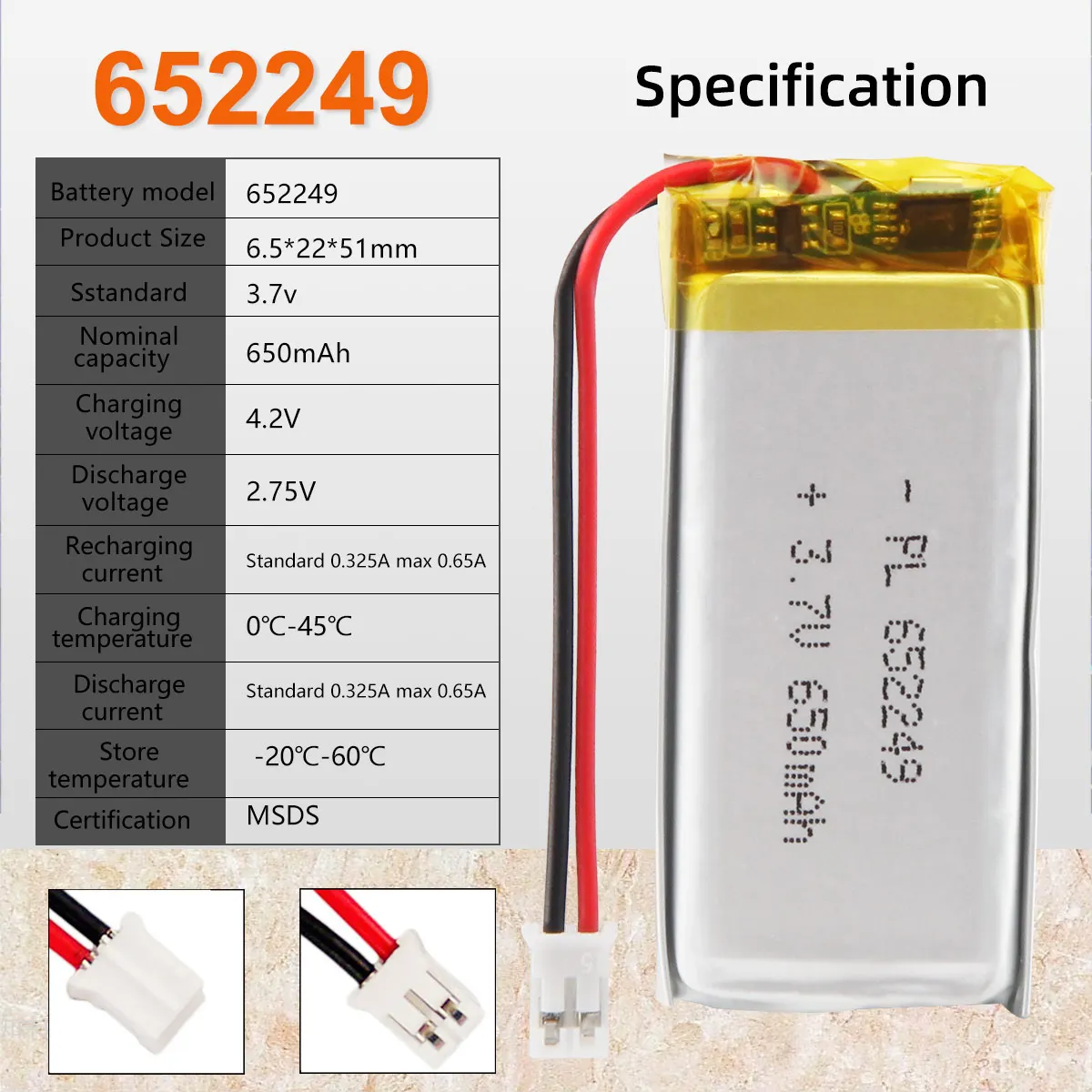 3.7V 650MAh 652249 Lipo แบตเตอรี่