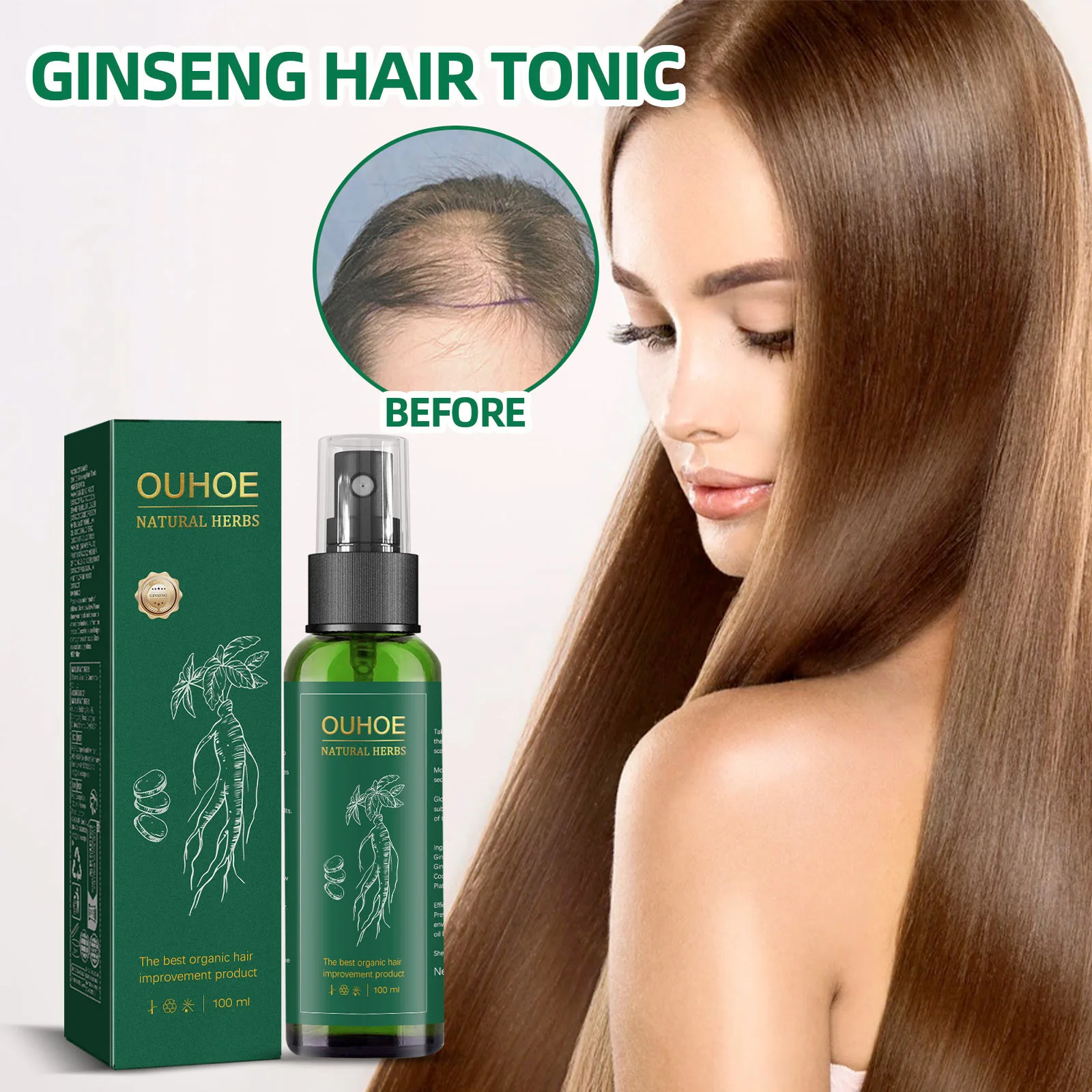 Ouhoe 100ml Ginseng Hair Growth Spray Moisturize Nourish Scalp Strengthen Roots Repair Dry Frizzy Hair Oil Anti Hair Loss Spray