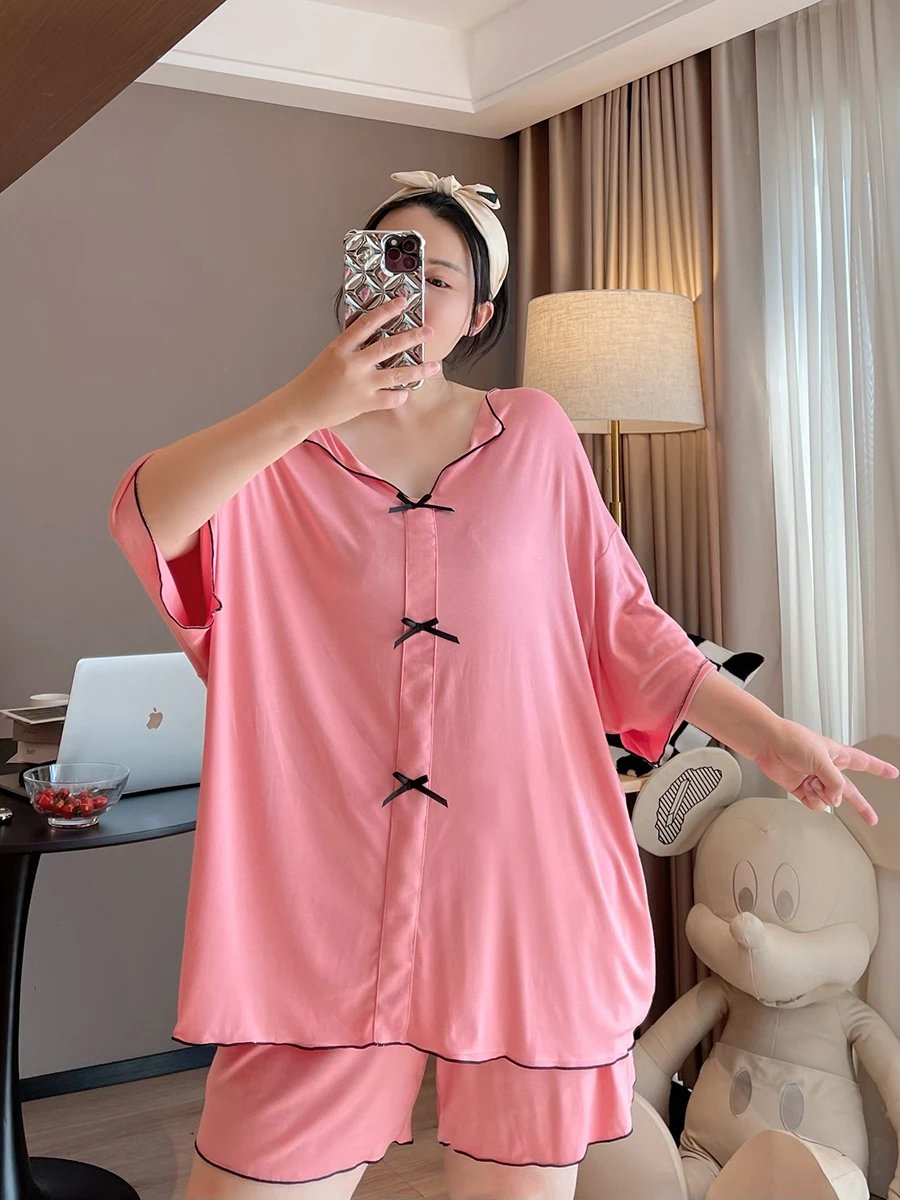 Plus Size Nieuwe Dames Pyjama Sets 2 Stuks Casual Korte Mouw V-Hals Homewear Zomer Nachtkleding Vrijetijdskleding Zacht Losse Nachtkleding Dun