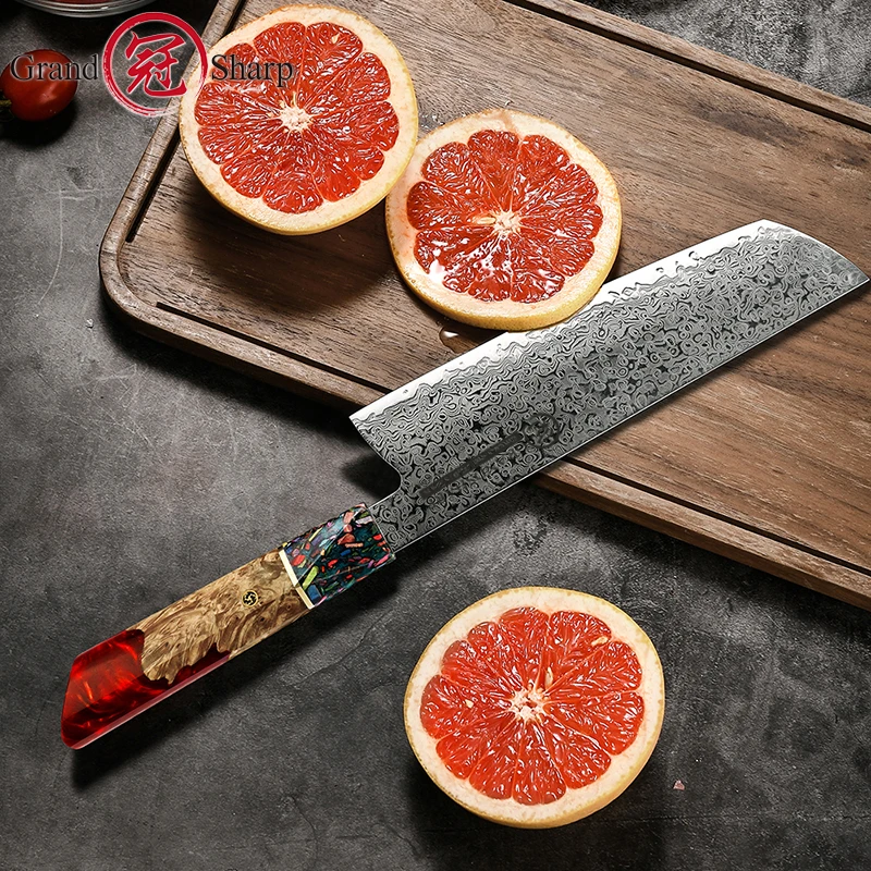 Imagem -04 - Damascus Japanese Nakiri Knife Aus10 Cozinha Ferramentas de Corte de Legumes Punho Vermelho Cutelo Cortar Novo Aço Inoxidável