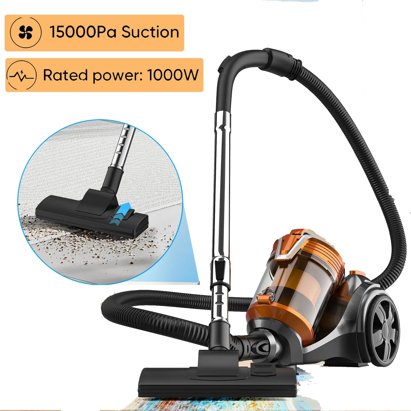 1000 W 15000 PA Staubsauger-Staubsauger, mehrzyklonischer Filterkern, Staubsauger für harte Böden, Teppiche, FET-Haare, 2-in-1, leistungsstarker Reiniger
