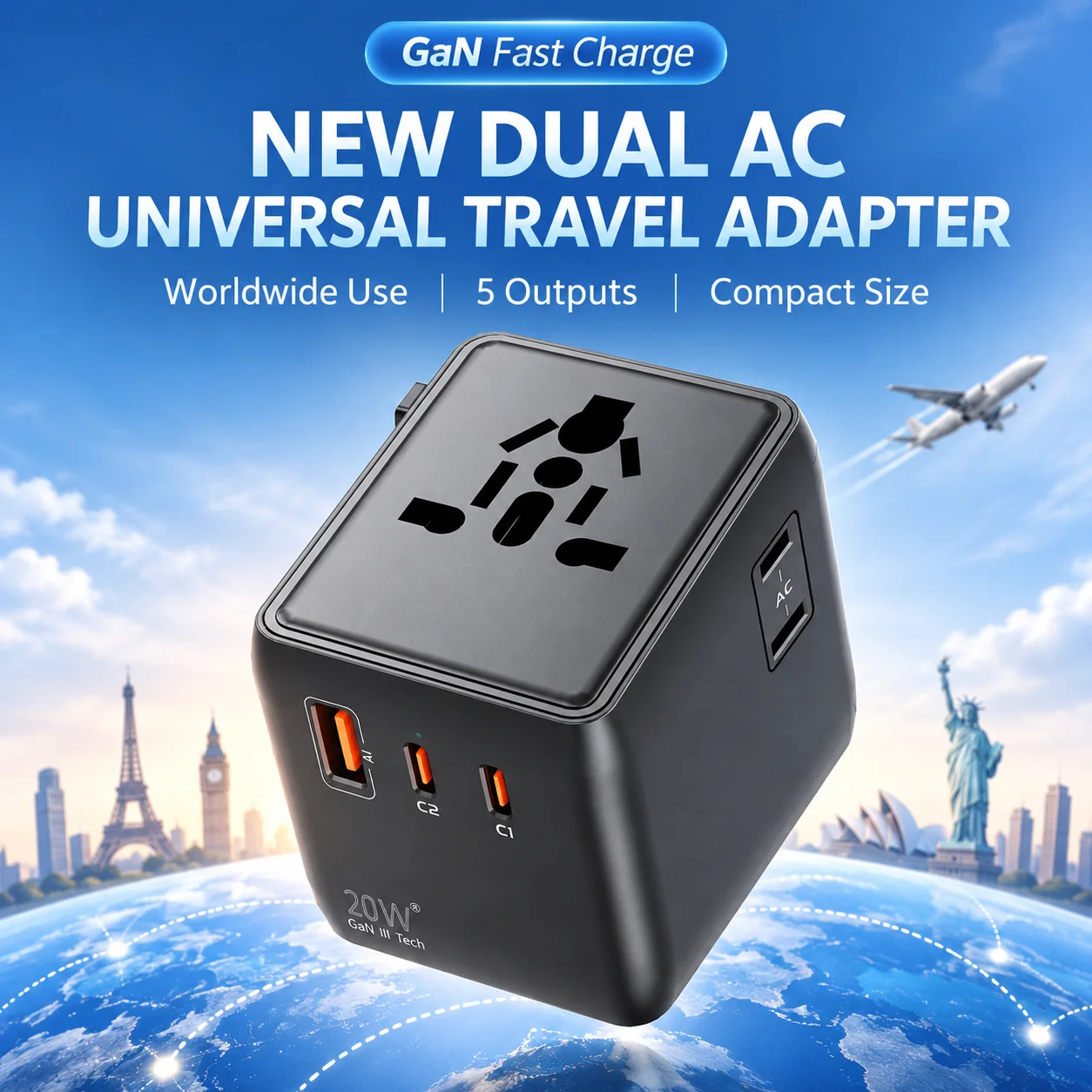 Global universal travel conversion socket, gallium nitride fast charging, five-port charging, compact, portable and safe.