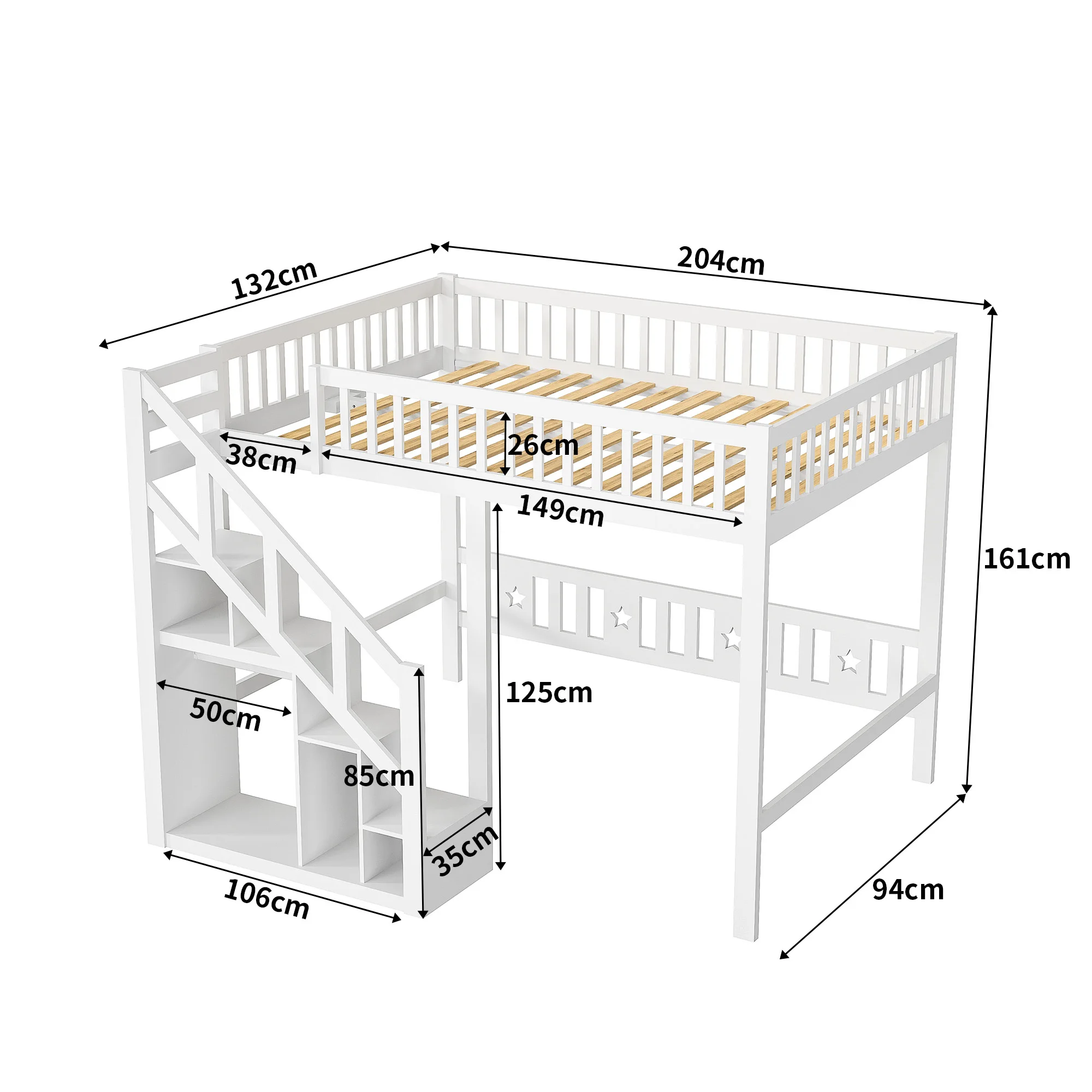 Kinderbed 90x200 cm, stapelbed, bedframe, met leuningen en trap, opbergvakken, massief hout, wit.