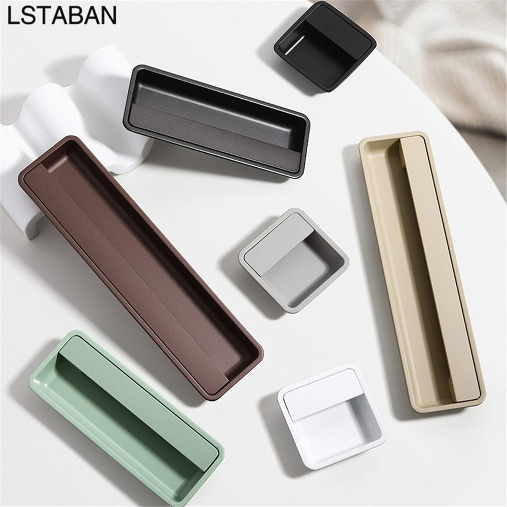 สแควร์โมเดิร์นเลื่อนประตูตู้ลิ้นชักดึงที่มองไม่เห็นปกปิดตู้เสื้อผ้าลิ้นชักตู้ครัวซ่อนลูกบิด