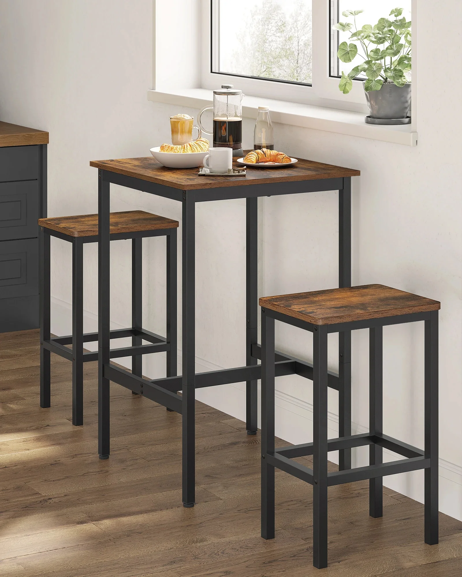 VASAGLE Bartisch mit Barhocker-Set, Esstisch mit 2 Stühlen, Küchentisch klein, Barstühle, für Esszimmer, Küche