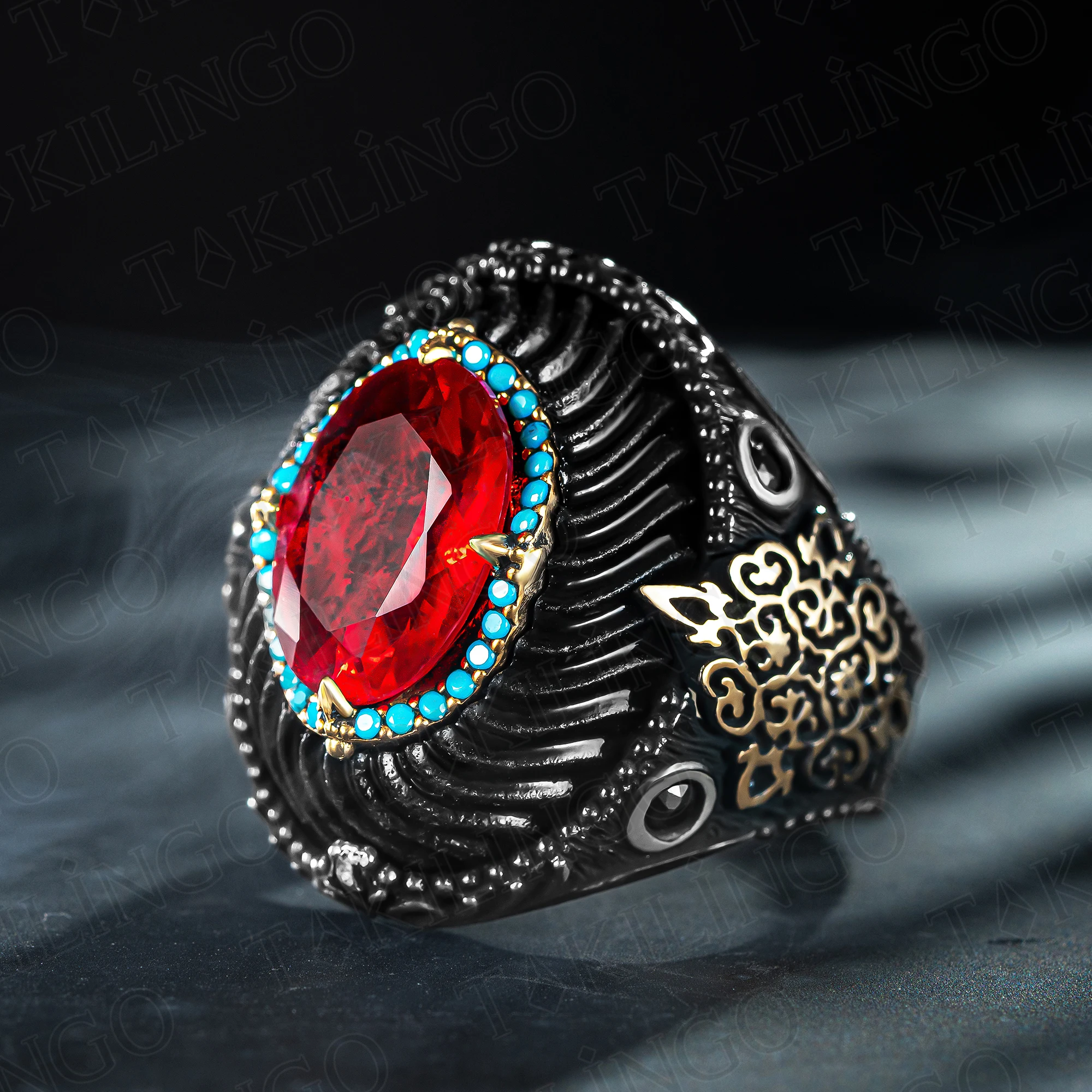 

Solid 925 Sterling Silver Black Rhodium Red Zirconia And Turquoise Stone Turkish Style Men's Ring