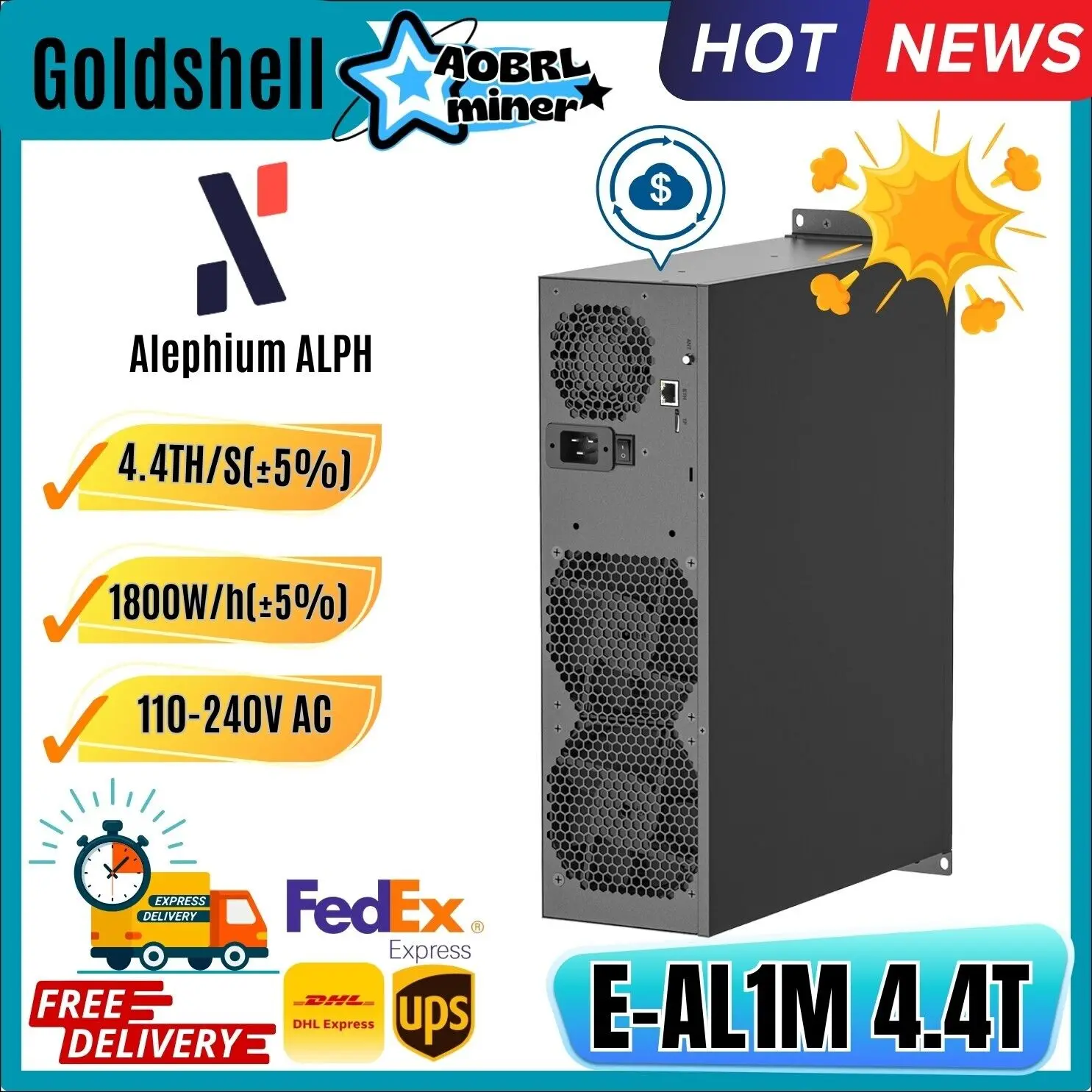 SPECIALE AANBIEDING KOOP 2 KRIJG 1 GRATIS NIEUW Miner Goldshell E-AL1M 4.4TH 1800W ALPH Zwart 3-algoritme met PSU Op voorraad KOOP UIT DE VS