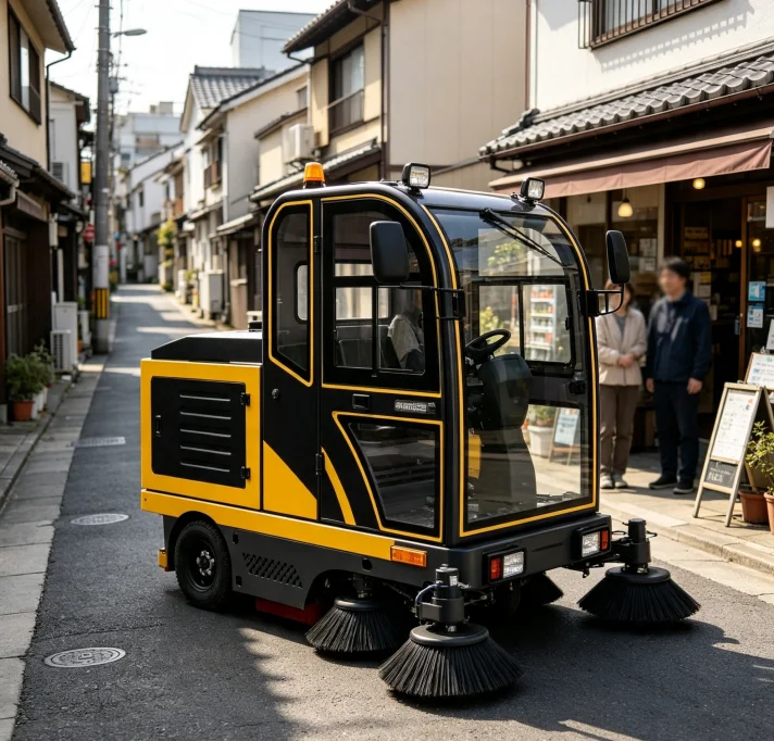 Heavy Duty Enclosed Cab Floor Sweeper Ride-On Street Cleaner with Wiper Light for Outdoor Rainy Dusty Area