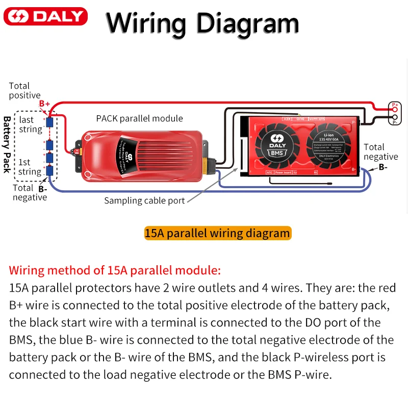 DALY BMS Smart BMS 15A Parallel Module 12V 24V 36V 30A~500A Li-Ion LTO 3S 7S 8S 10S 12S 13S 16S 24S Bluetooth APP for Solar