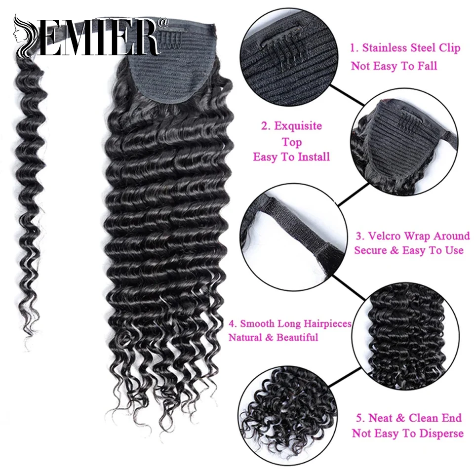 Queue de cheval bouclée Deep Wave avec clip, cheveux humains brésiliens, queue de cheval ronde, noir naturel, extrémité complète, Wstring de proximité, 12 "-26"