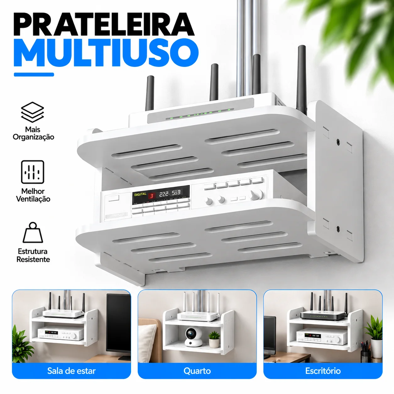 Prateleira de MDF com Suporte Invisível Fixada na Parede para Roteador, Modem, Aparelho de TV, Videogame, Design Discreto