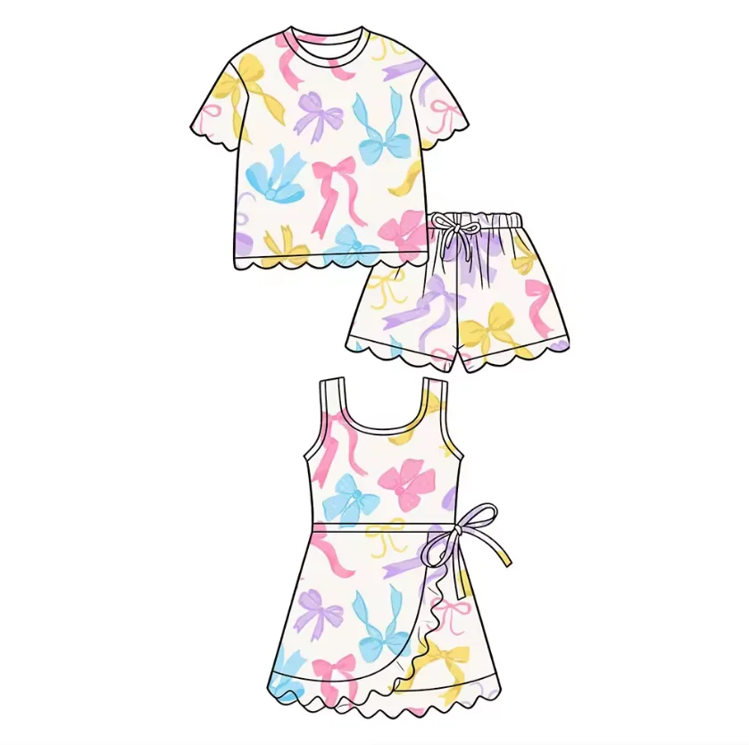 Boutique children's set matching sister style girls two-piece set flowers and bow print girl bow decoration dress and set
