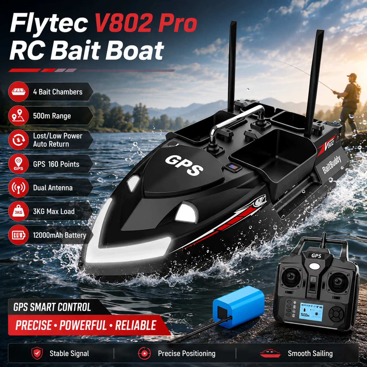 Bateau de pêche télécommandé Flytec V802 Pro avec 4 compartiments à appâts, retour automatique en cas de perte/bas de niveau de batterie à 500 m, GPS 160 points, double antenne, charge maximale 3 kg, batterie 12000 mAh
