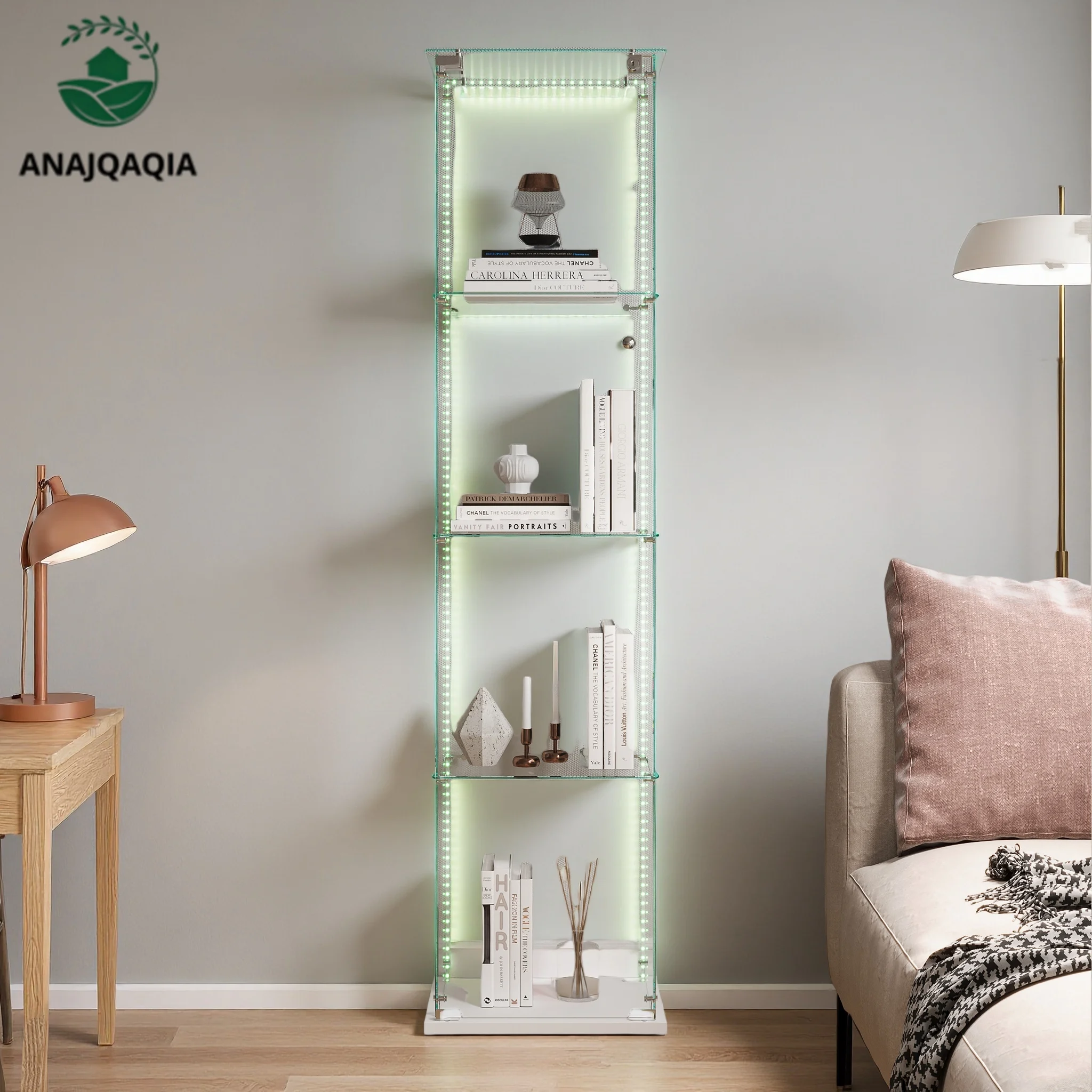 Anajqaqia Freestanding Storage Cabinet for Living Room,4 Layers Glass Display Cabinet with LED Lights & Lock