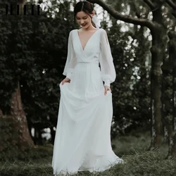 JEHETH Chiffon Lantern Sleeve Wedding Dress For Women Sexy Deep V-Neck Simple Bride Gowns Elegant A Line Robe Vestidos De Novia