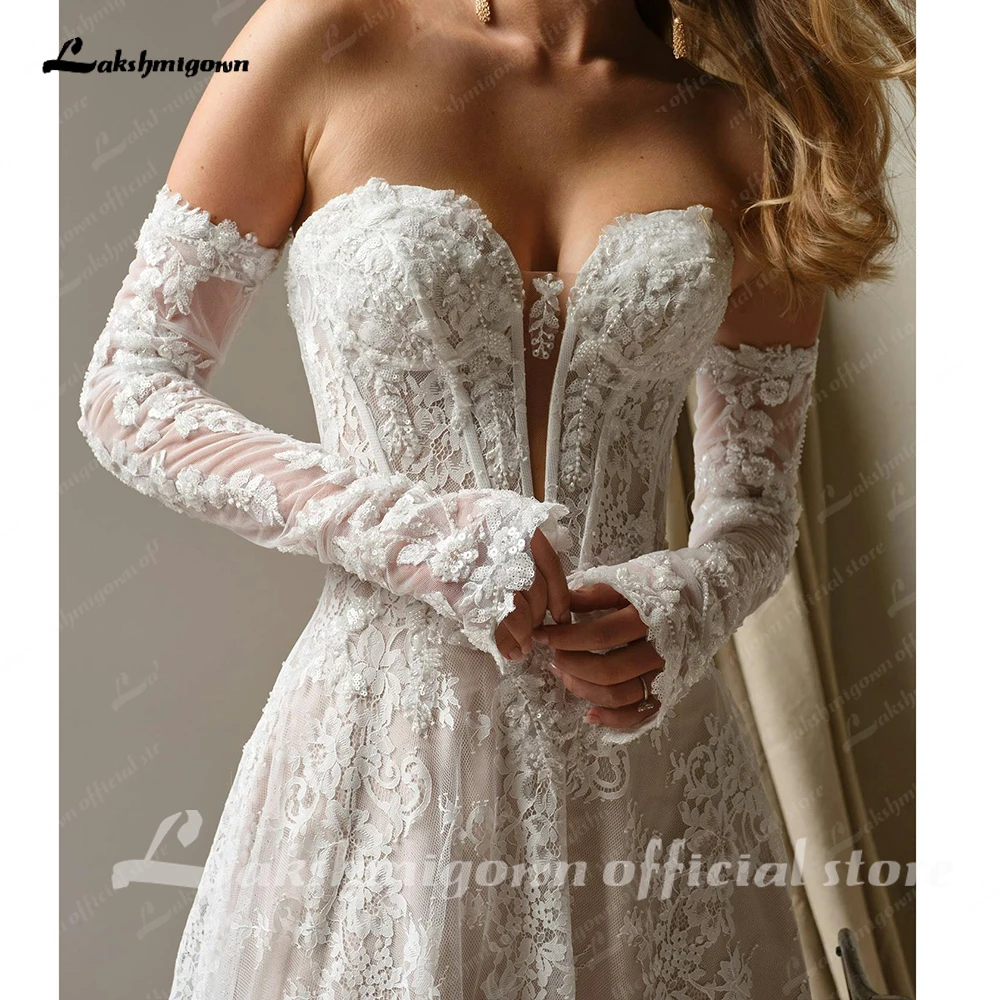 Lakshmigown Plus Size Hochzeitskleid Off-Shoulder A-Linie Spitzenapplikationen Lange Ärmel Exquisite Vestidos De Novia Maßanfertigung – Detail 10