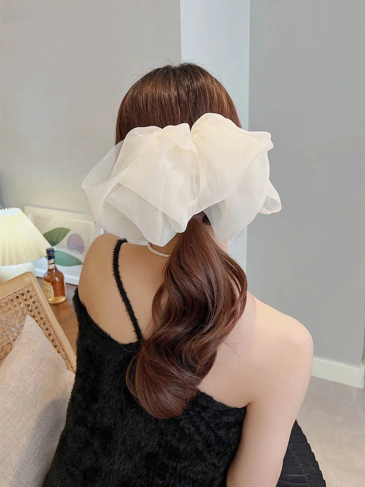 Biały Oversize Bow szpilka dla kobiet przędza netto Bowknot wstążka klips do włosów nowa długa pani weselne dla dziewczynek zacisk sprężynowy akcesoria do włosów — zdjęcie 2