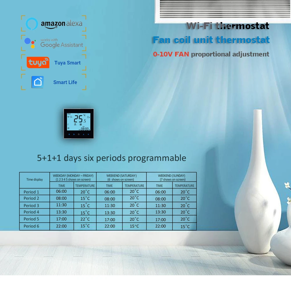 0-10V modüle fan termostat Tuya akıllı yaşam Wifi Fan coil sıcaklık regülatörü için ısı ve serin işler için Alexa Google ev