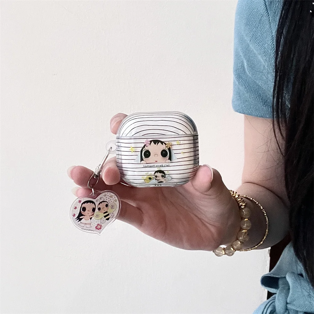 

Striped Cartoon Girl Earphone Case Shockproof Cover for Apple Airpods 4 3 2 Cover with Charm for Airpods Pro3 Pro2 4 Cute Cases