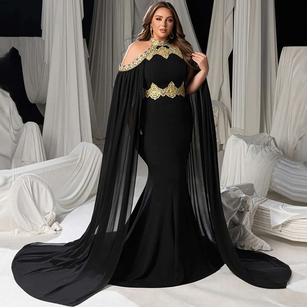

Mermaid Appliques Beaded Plus Size Wedding Party Gowns Elegant Jersey and Chiffon Evening Dress Fashion Half Sleeves Prom Dress