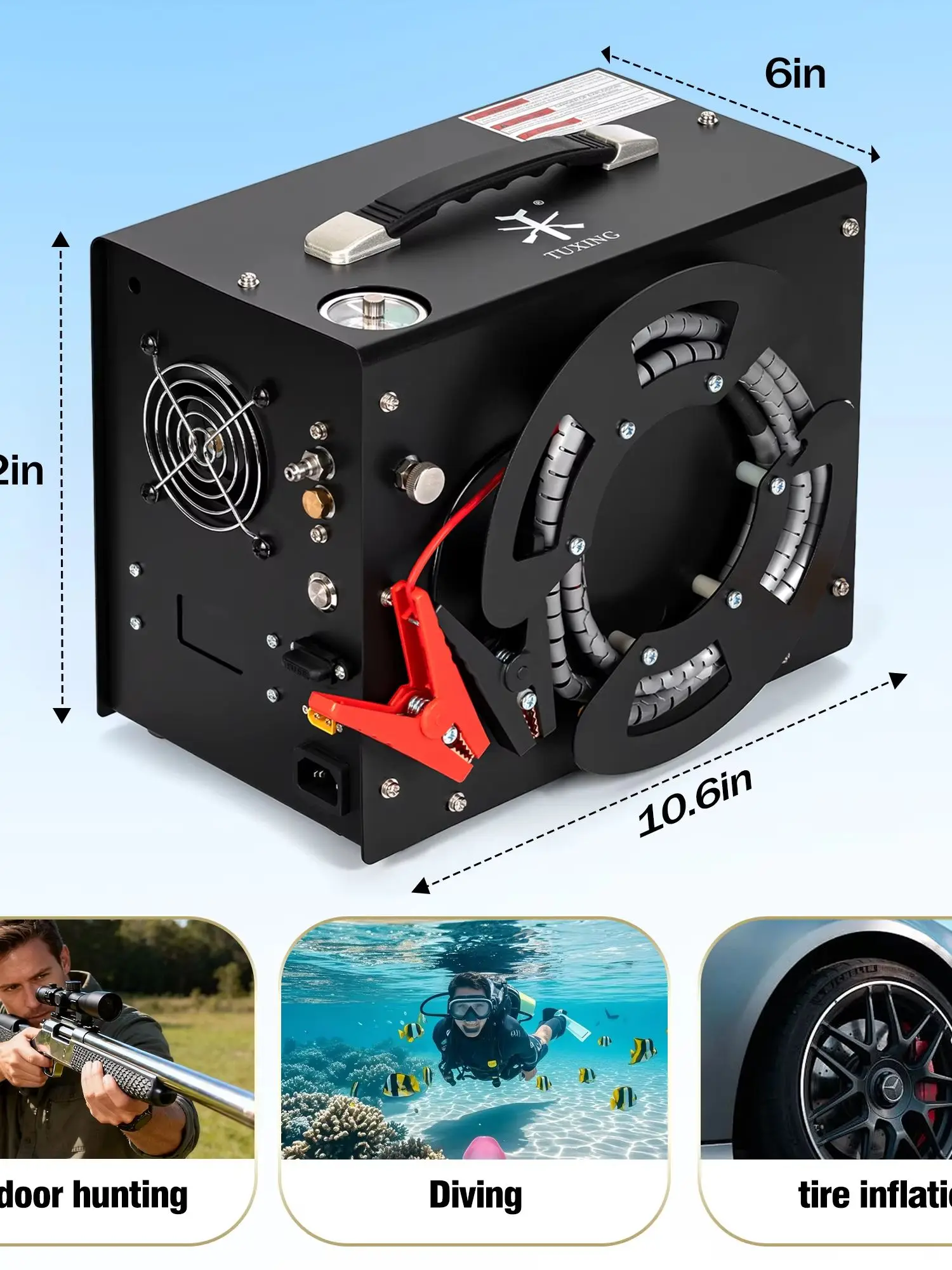 TUXING TXES062 4500Psi PCP Luftkompressor 300Bar 30MPa Tragbare Elektrische Hochdruckpumpe mit Auto-Stopp-Funktion 12V Autobetrieb 110V/220V für Luftgewehr und Tauchen