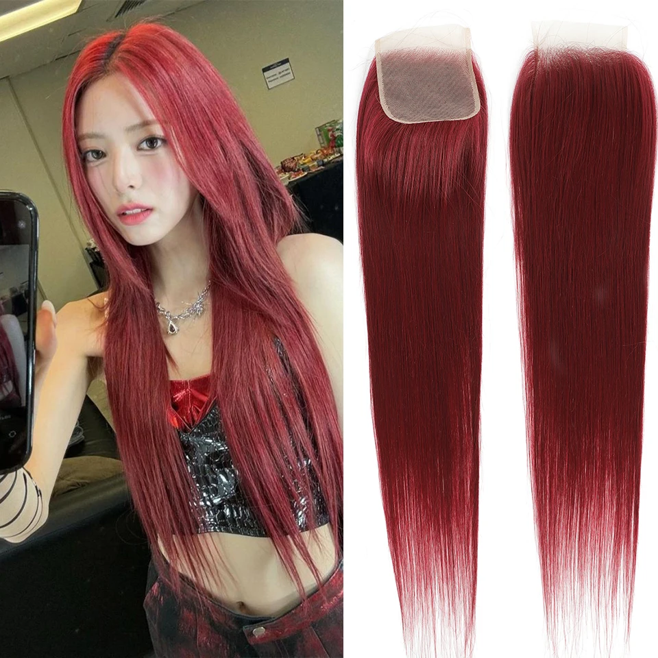 

Red Wine 4X4 Synthetic Swiss Top Lace Closure Heat Resistant Straight Transparent Lace With Baby Hair Bleached Knots For Women